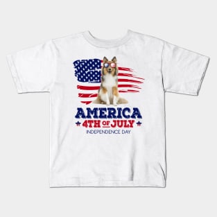 Sheltie Flag USA - America 4th Of July Independence Day Kids T-Shirt